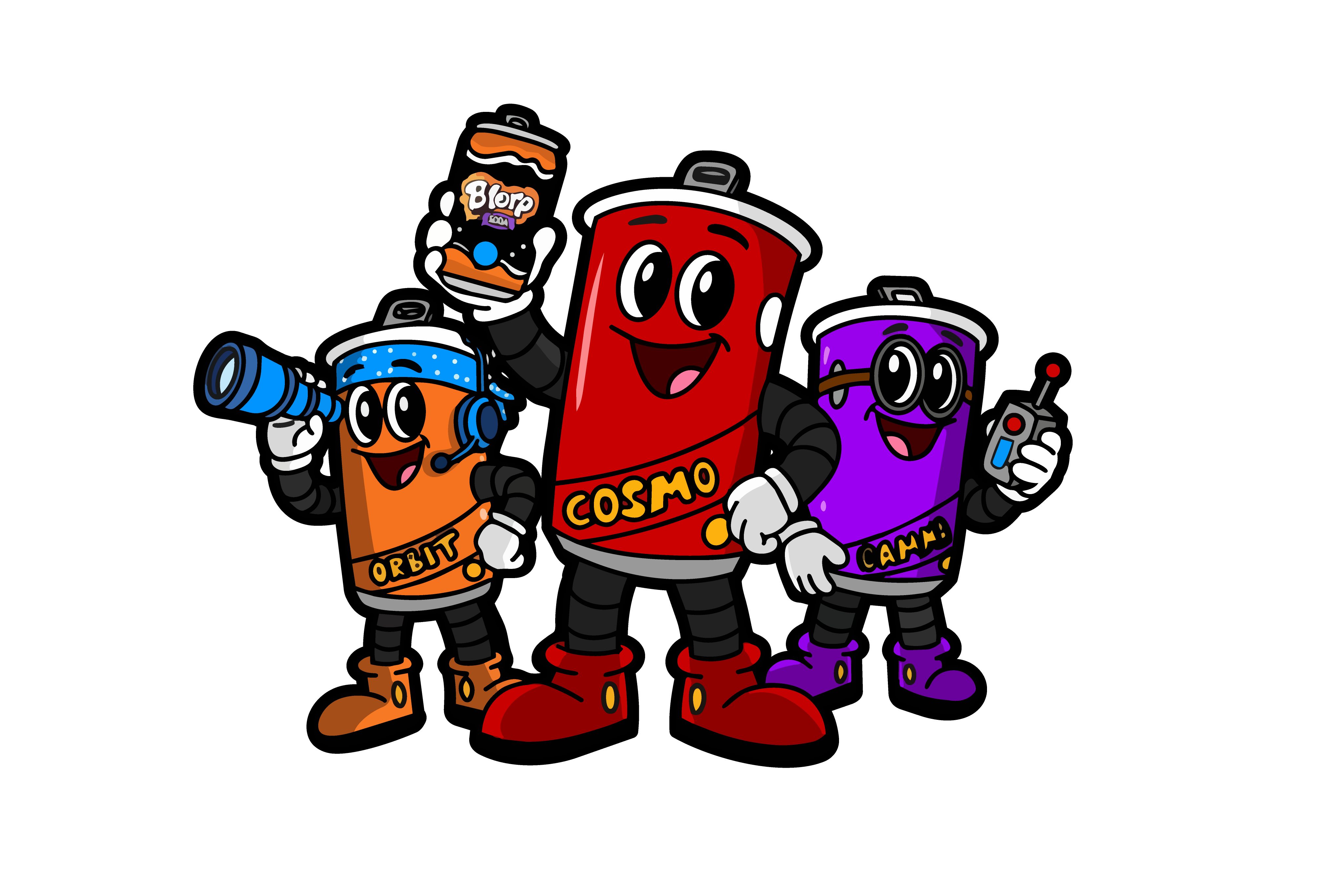 Blorp characters Orbit, Cosmo, and Gamma as a space exploration crew