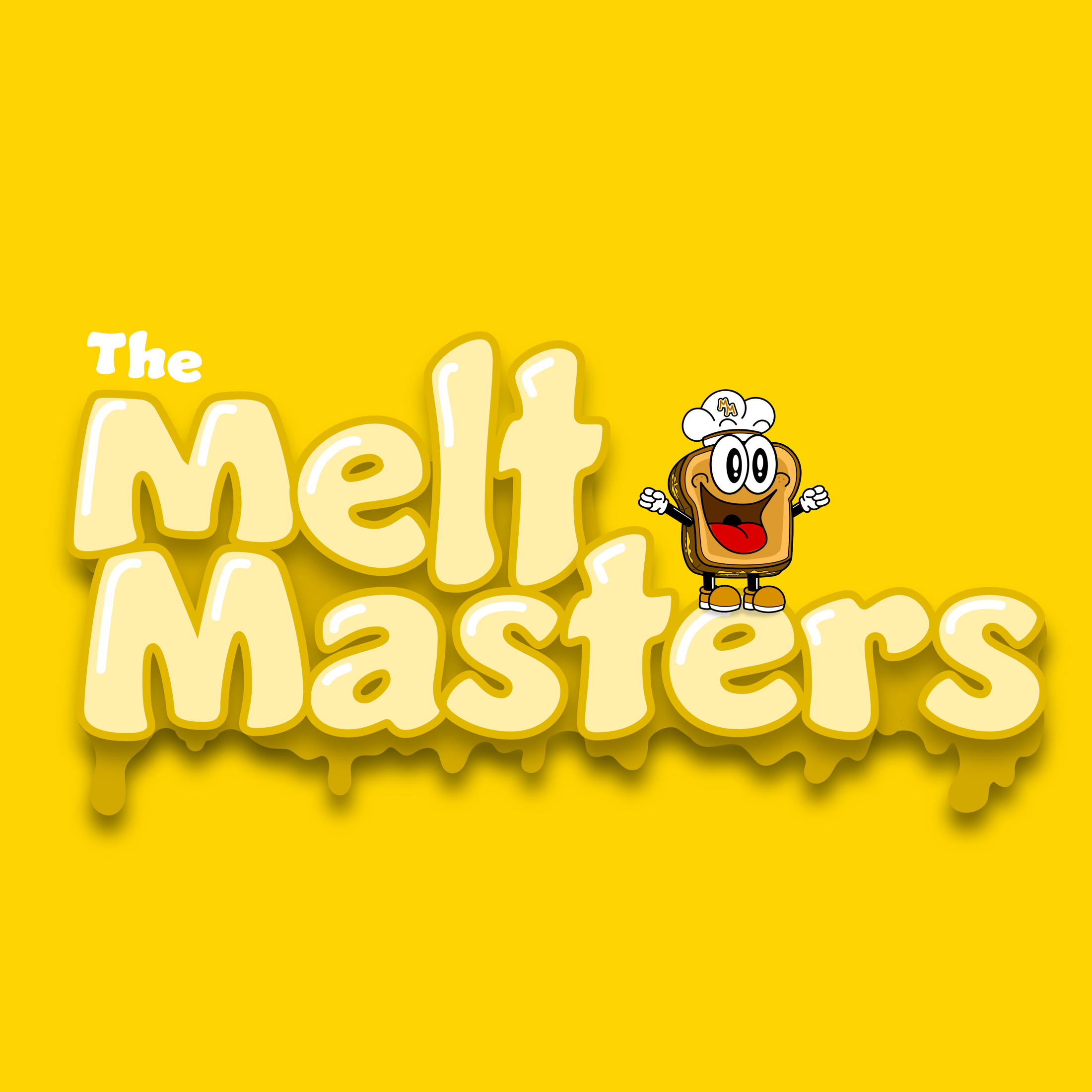The Melt Masters wordmark and grilled cheese mascot on a yellow field