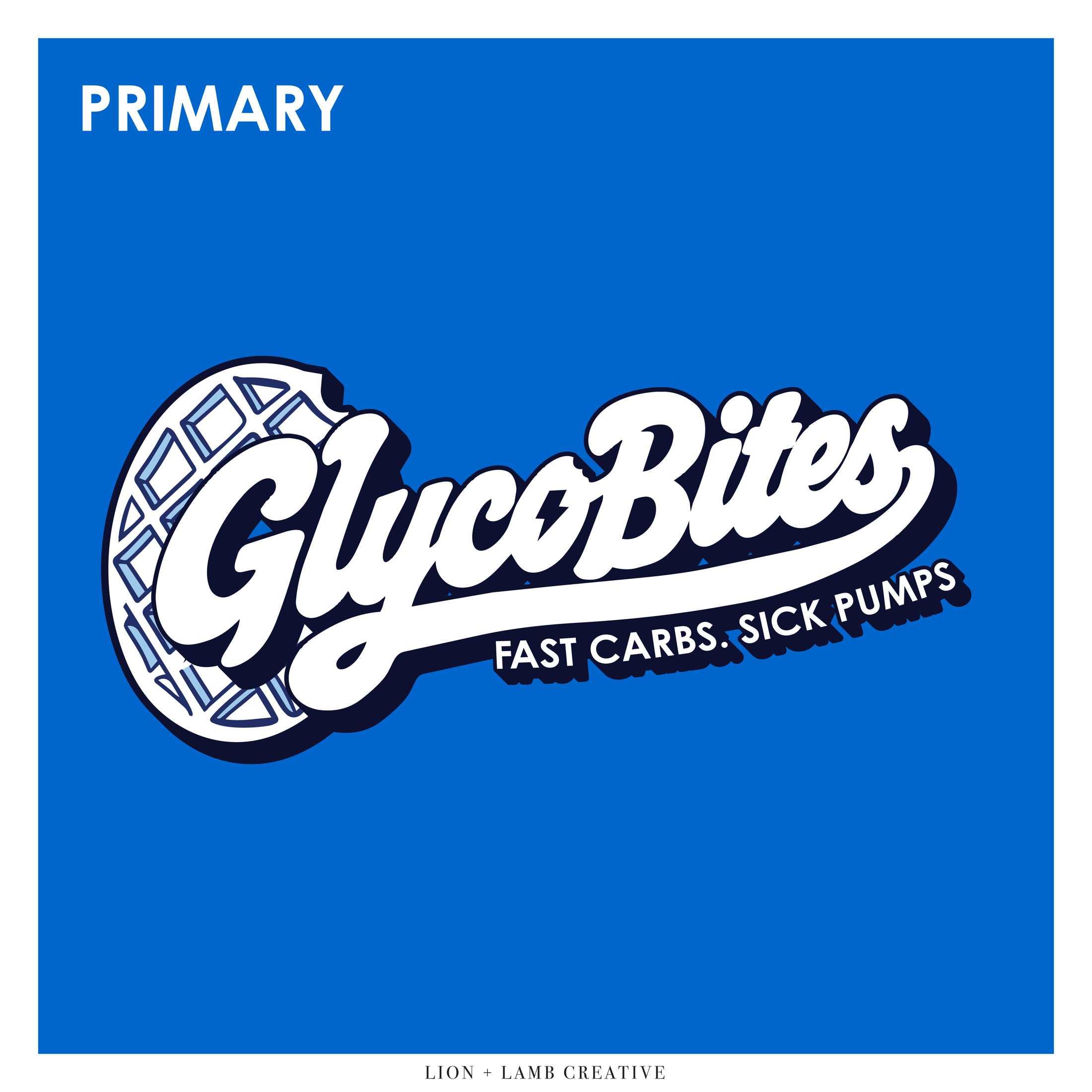 Primary GlycoBites identity with a waffle bite and script wordmark