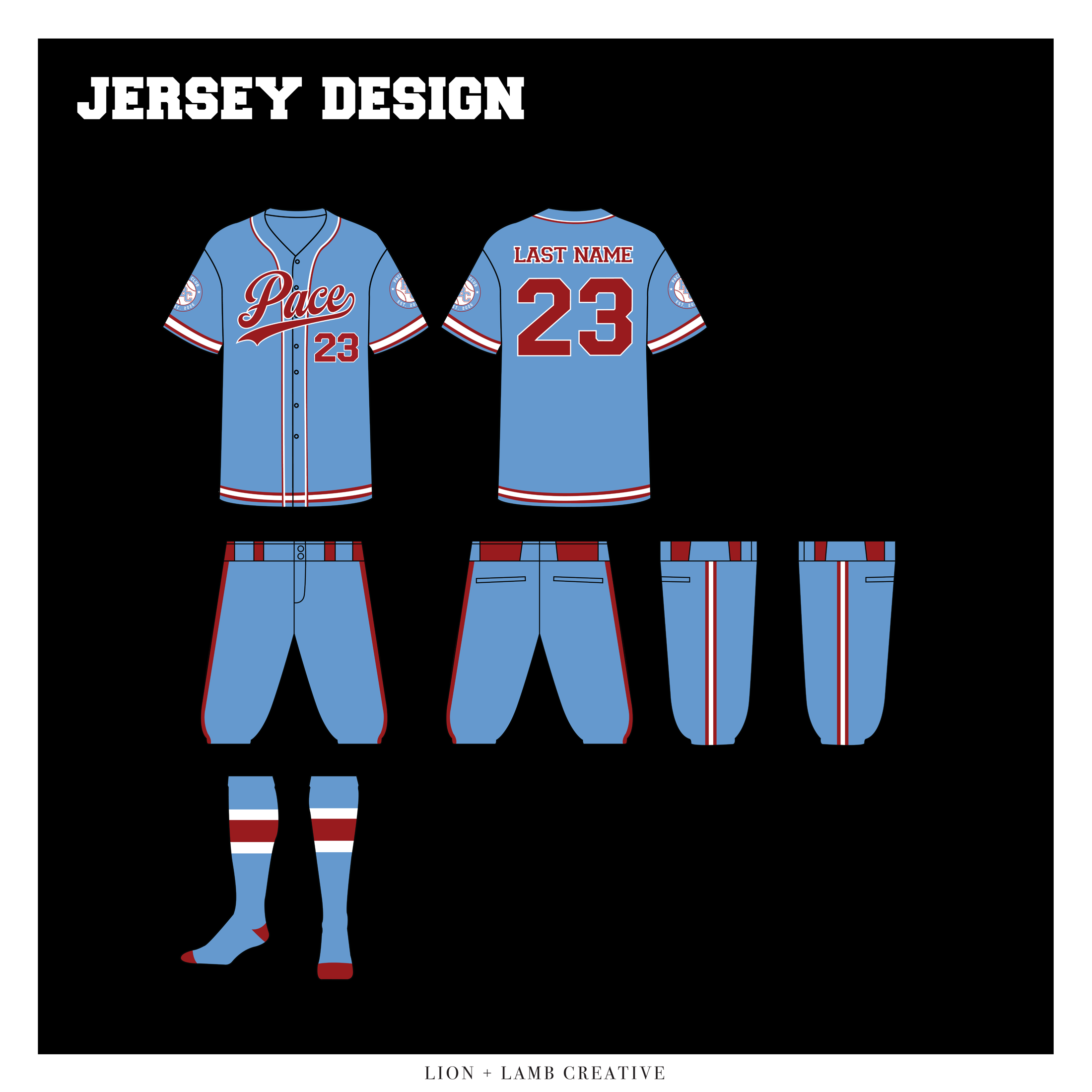 PBC Baseball blue jersey, pants, and socks shown on manufacturer uniform dielines