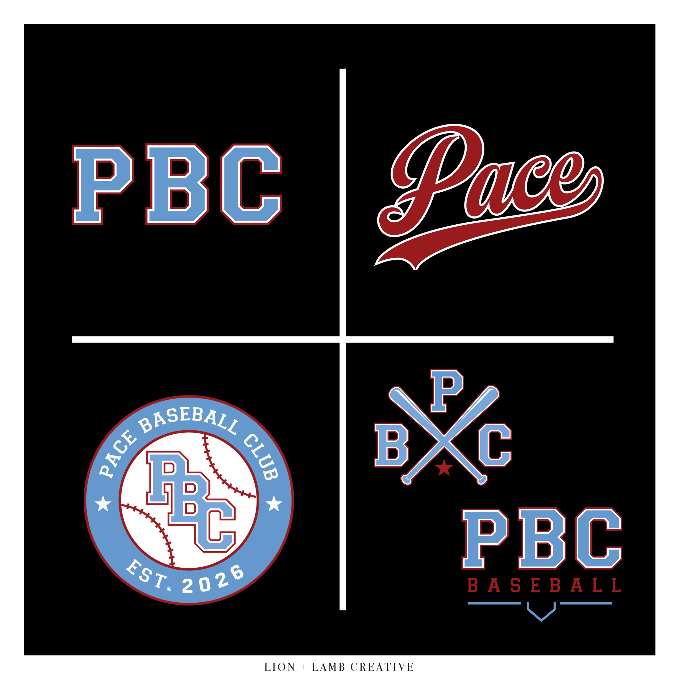 PBC Baseball logo system featuring the PBC monogram, Pace script, baseball badge, and crossed-bat mark