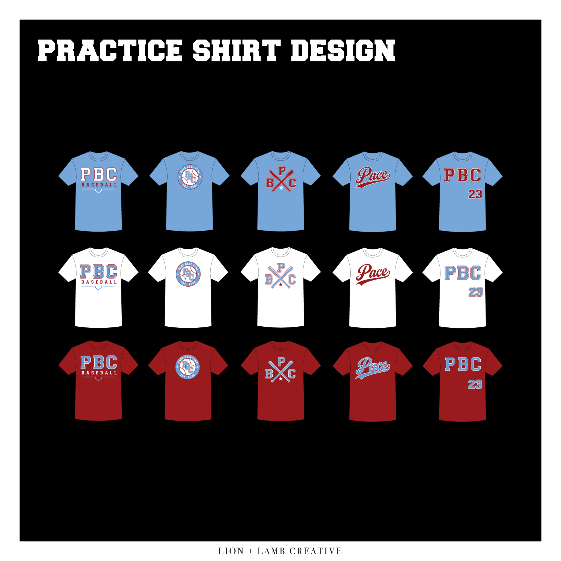Fifteen blue, white, and red PBC Baseball practice shirt concepts