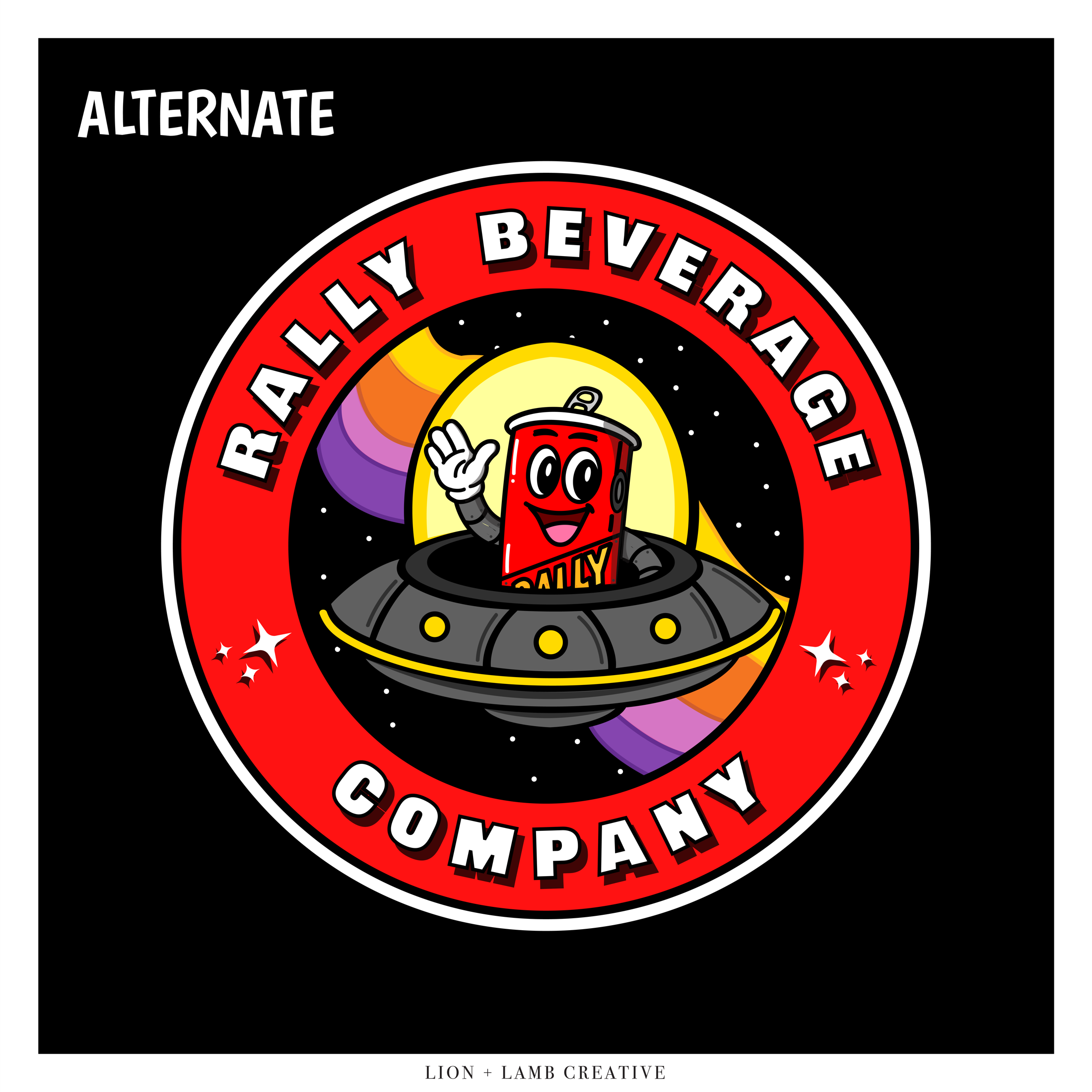 Rally Beverage Co. character badge with a can in a spaceship