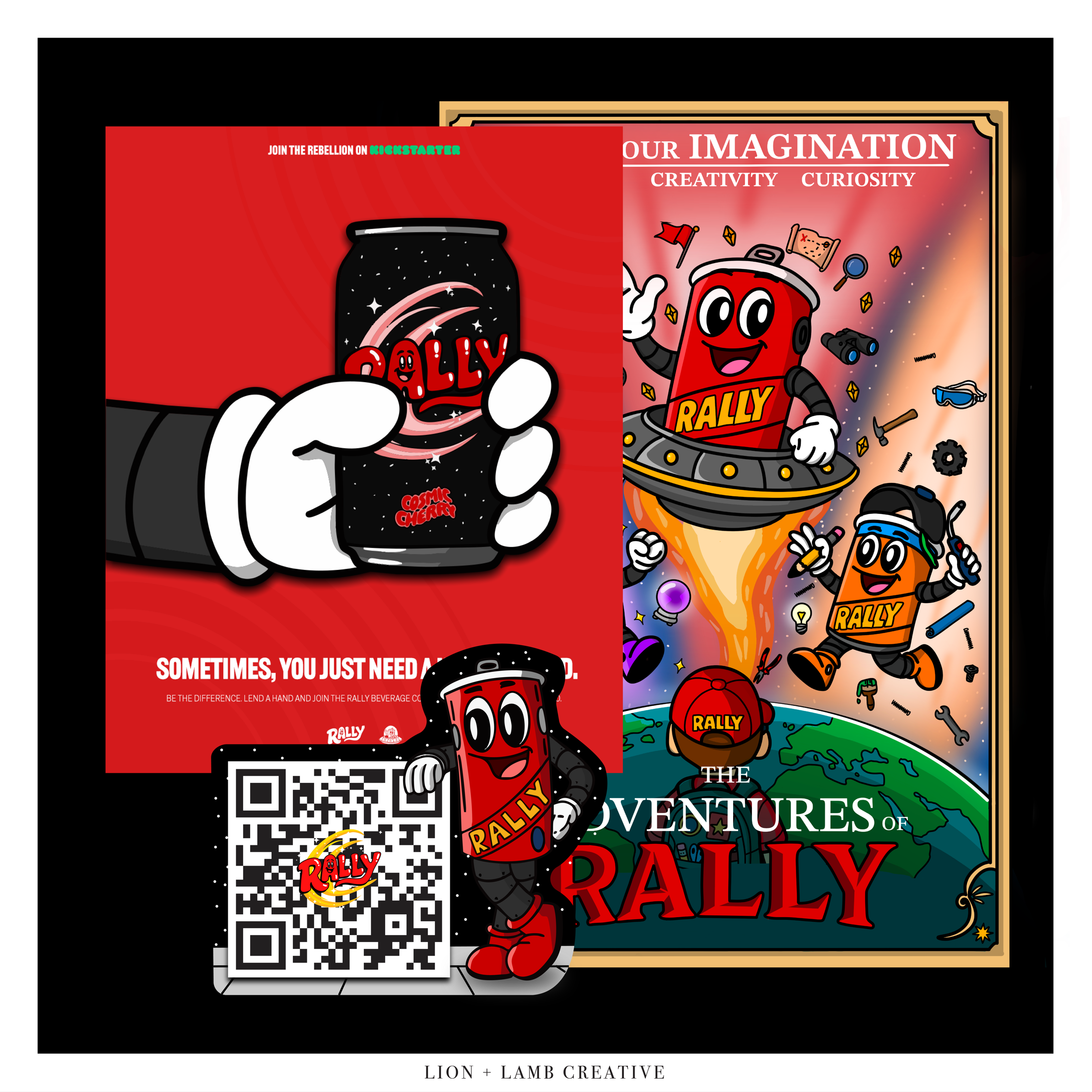 Rally Beverage Co. illustrated brand applications