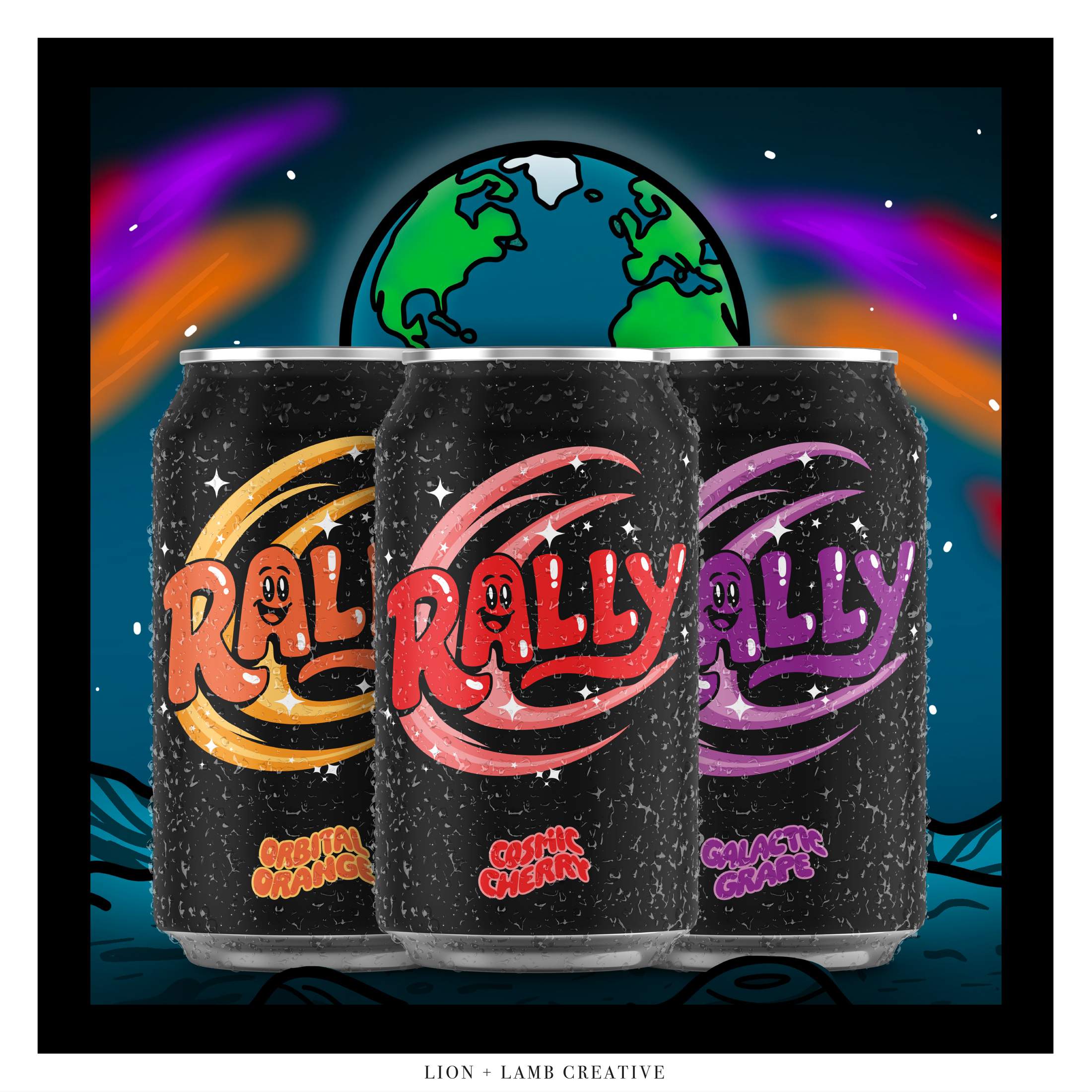 Three Rally Beverage Co. cans in cosmic flavor colorways