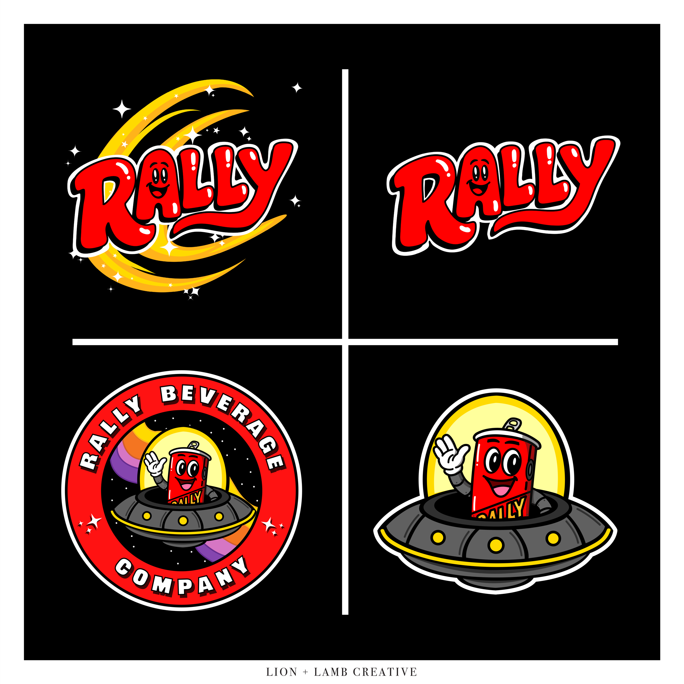 Four-part Rally Beverage Co. logo system